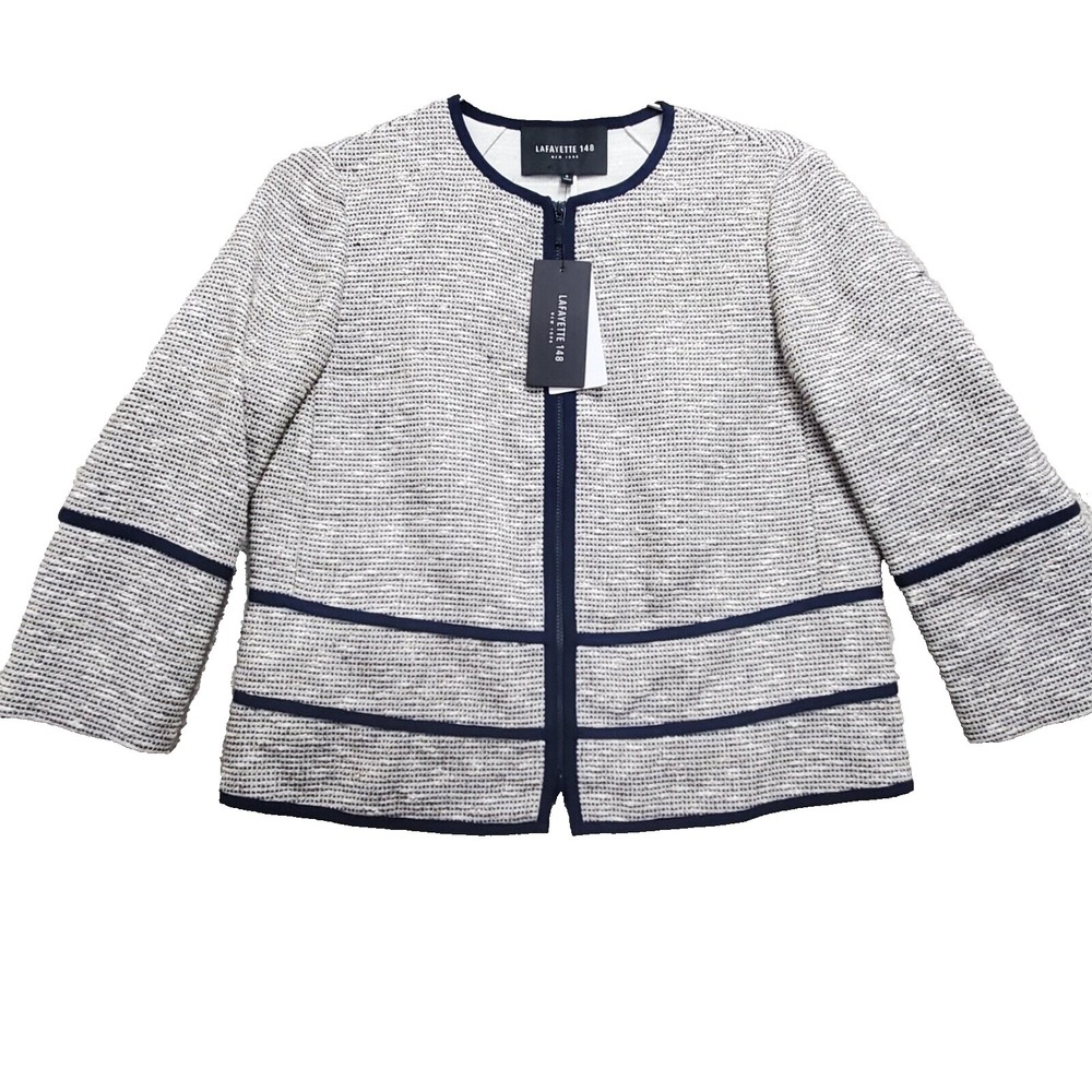 Lafayette 148 Tweed Blazer Women's Small Tan Blue Multi Striped Cotton Linen Zip